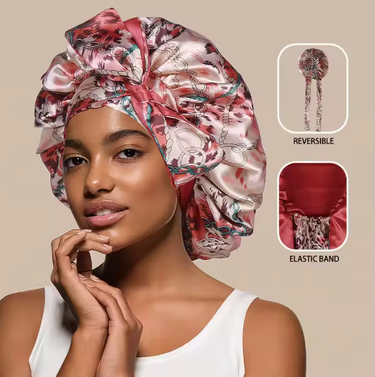 Satin Bonnet - Reversible All-Over Floral Print with Wrap Tie